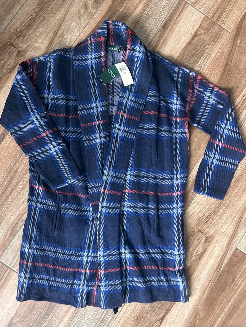 NWT Ralph Lauren Navy Plaid Long Open-Front Shawl Collar Cardigan Size L / XL
